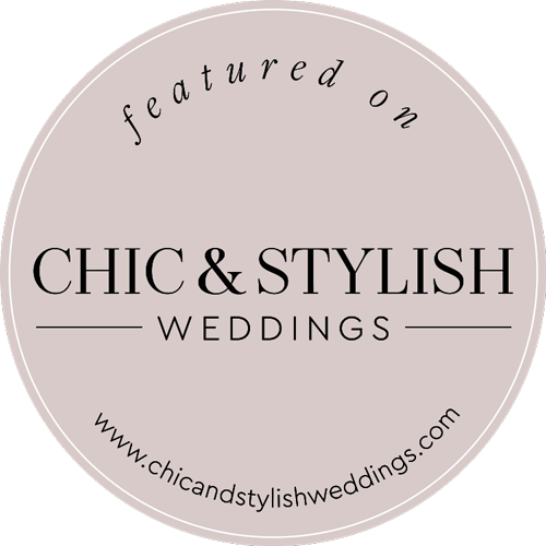 Minimalist elegant oval logo badges featuring 'Chic & Stylish Weddings' text in dusty rose pink tones.