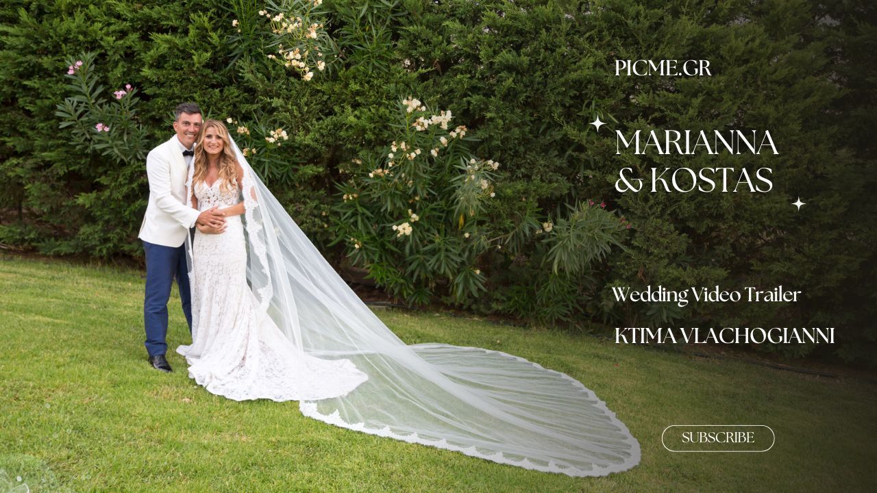 A scenic outdoor wedding montage showing newlyweds in elegant attire posing in a lush green garden setting.