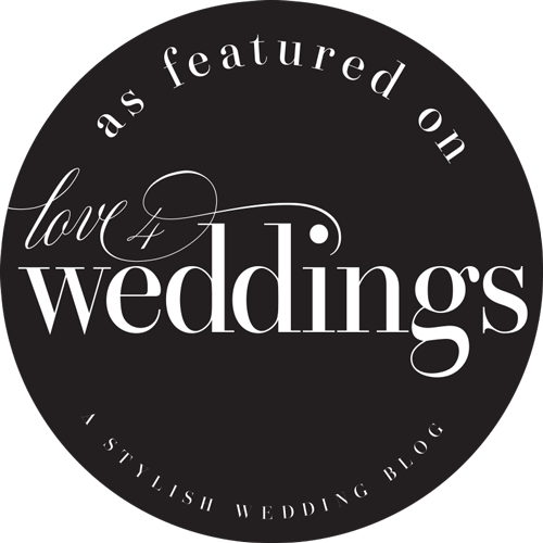 A collection of black circular wedding featured badges and logos arranged in a row.