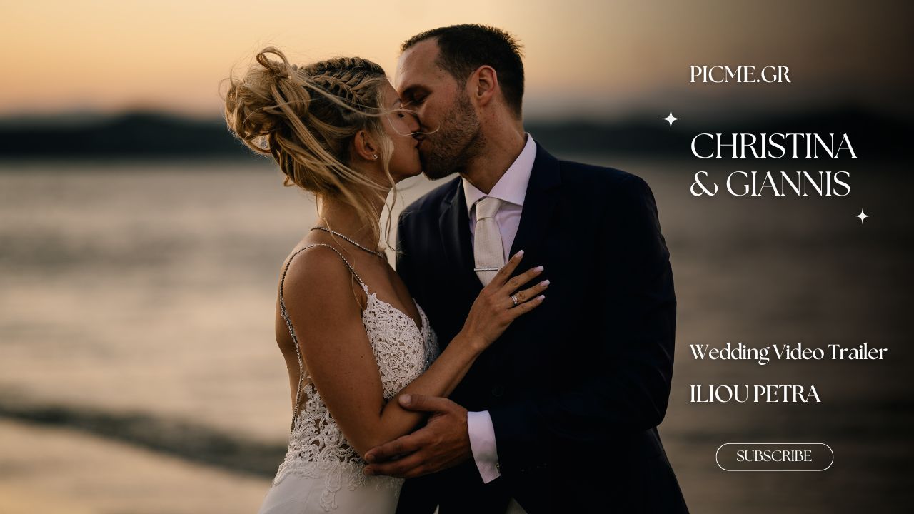 A five-panel filmstrip showing romantic moments from a wedding day with sunset lighting and beach scenery.