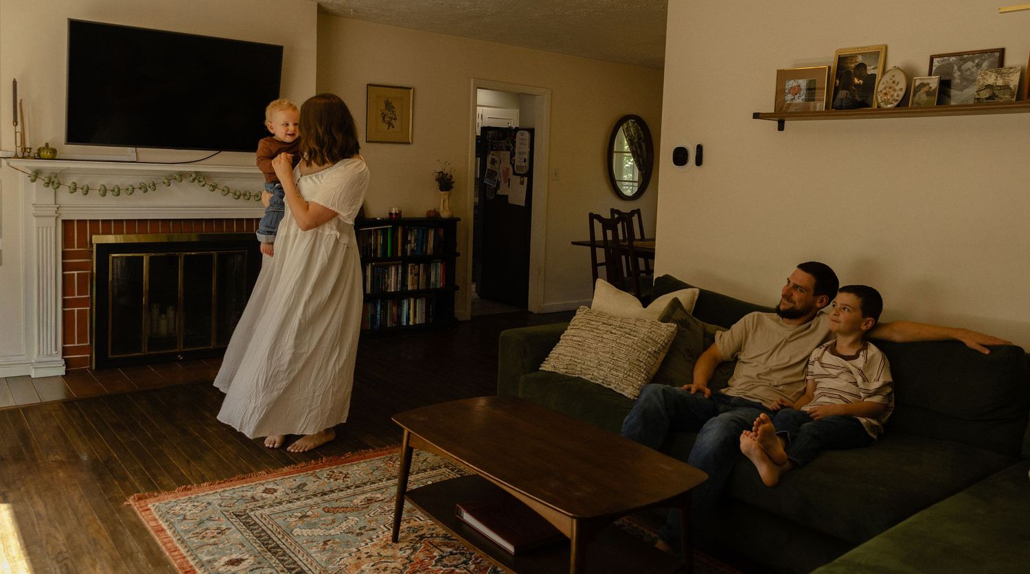 A sequence of photographs shows a person lounging in various cozy spots around a warmly lit living room.