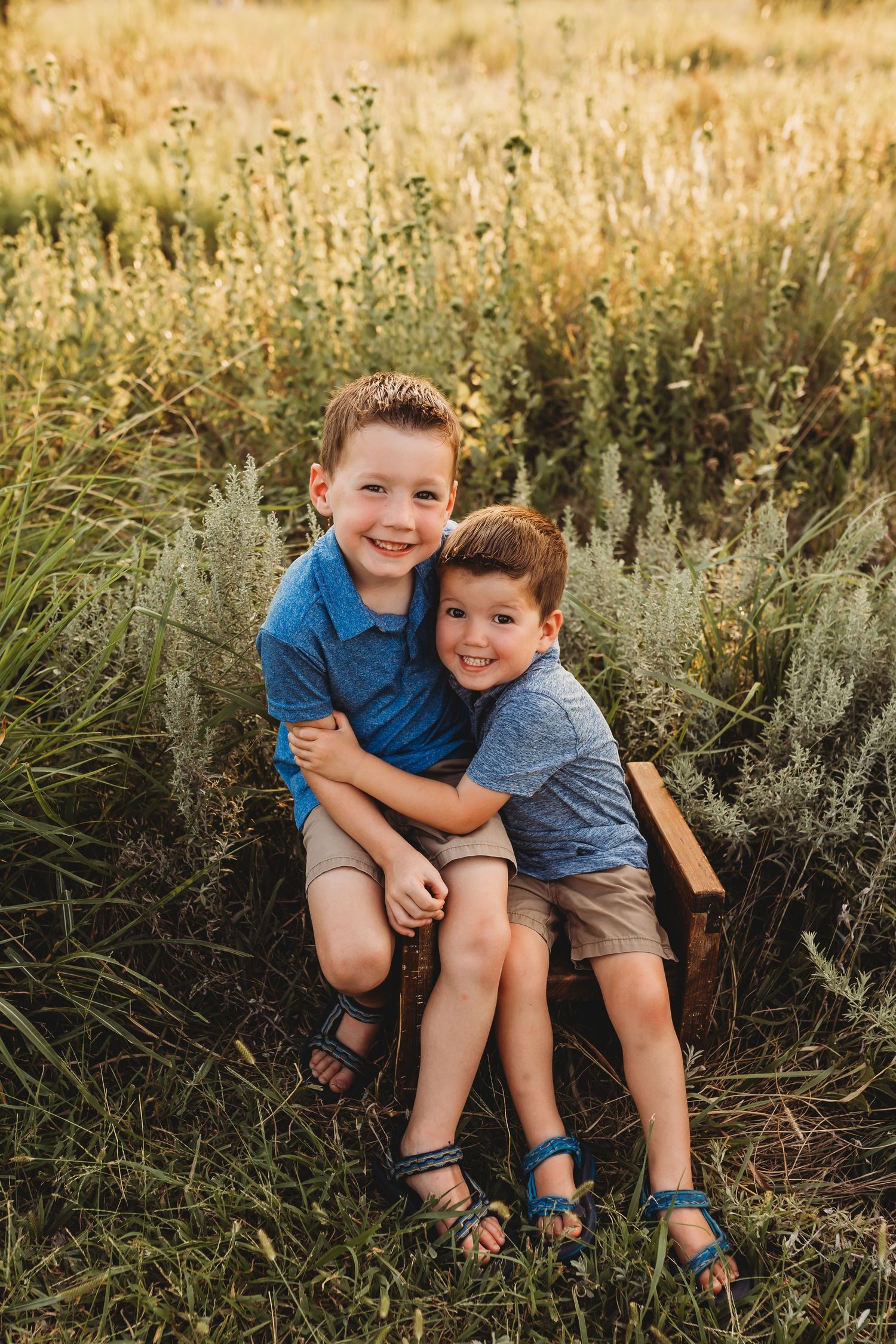Two smiling brothers hugging in a sunlit golden meadow outdoors.