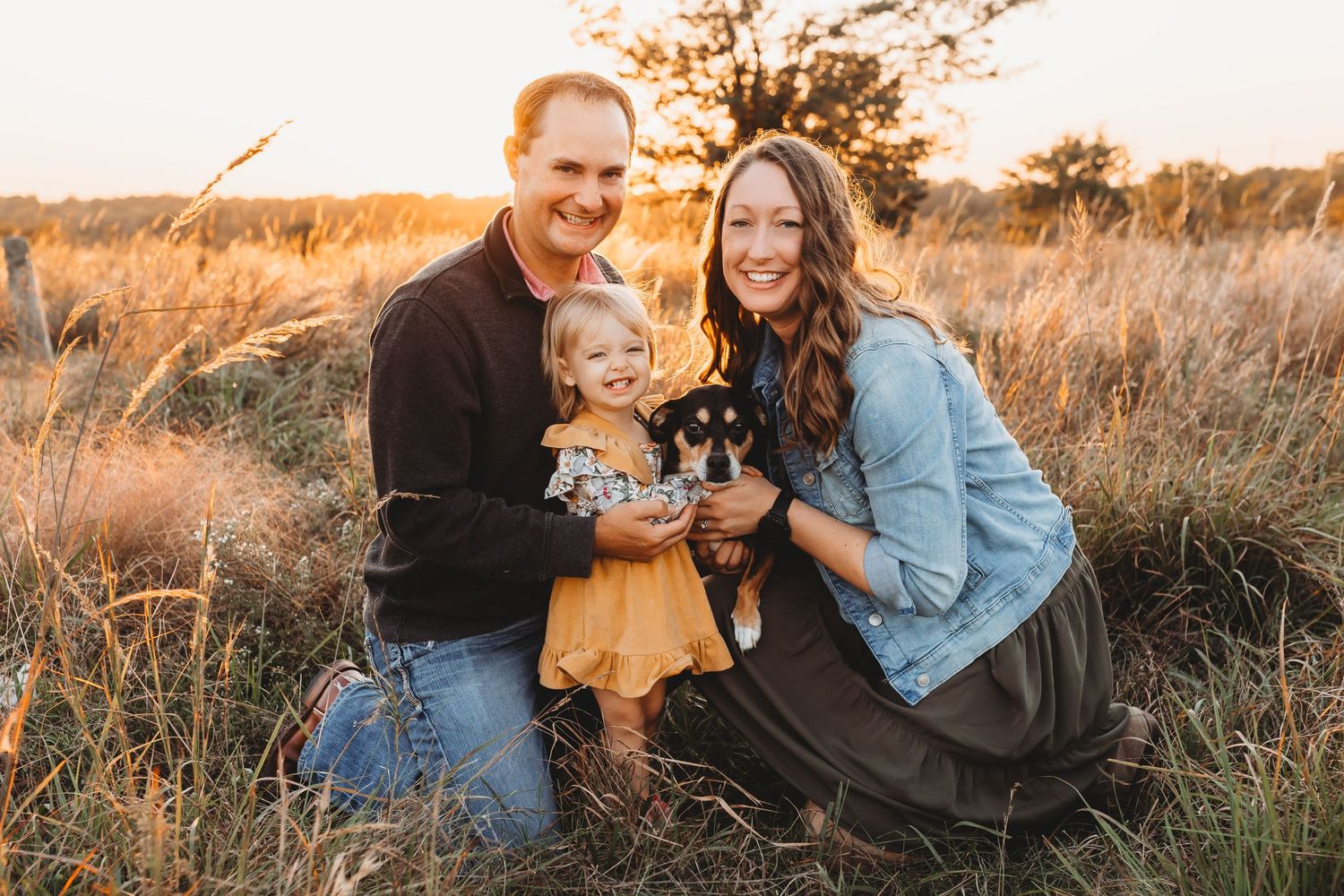 Smiling family with toddler and puppy posing in a golden grass field at sunset.
