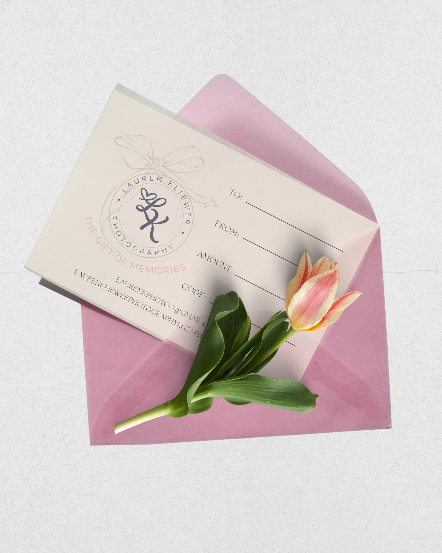Pink tulip resting on a gift certificate and pink envelope, perfect for photography gifting occasions.