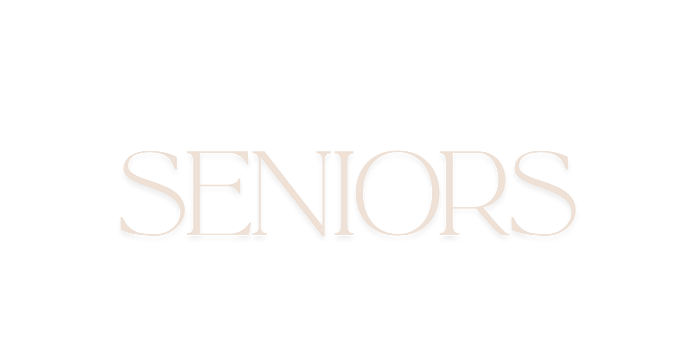 Seniors text in elegant light beige serif font on white background.