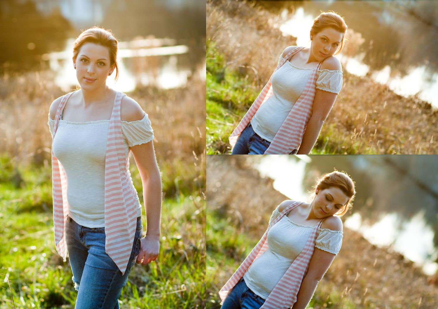 Sunset maternity photos by water with warm golden lighting.