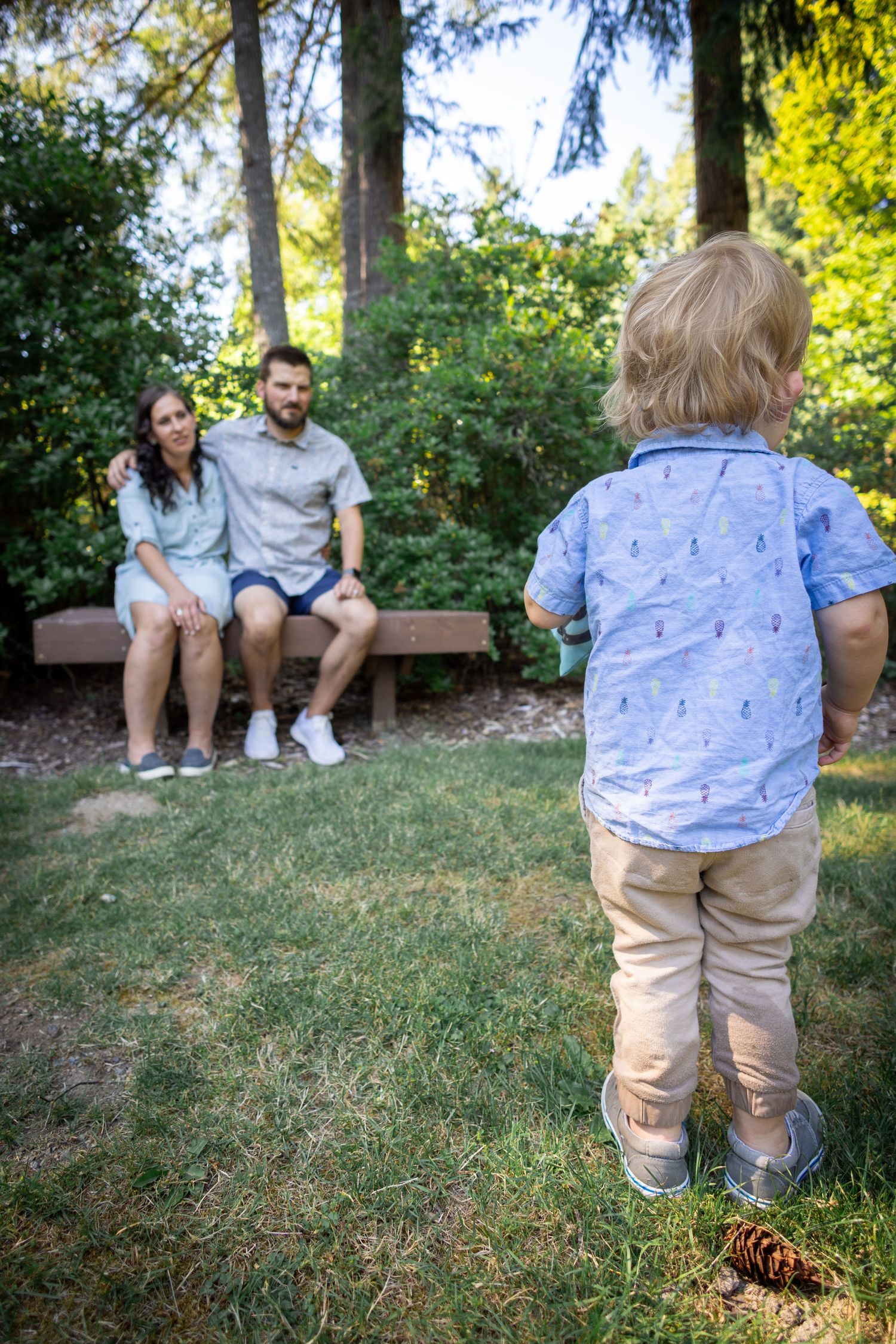 Toddler in blue shirt looks at couple sitting on bench in wooded park setting.
