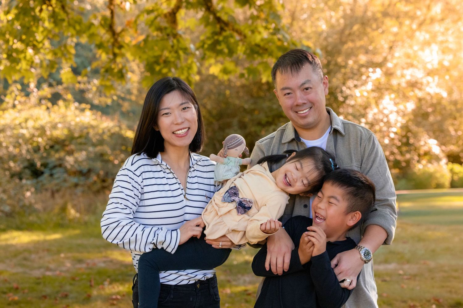 Series of joyful outdoor family moments photographed during golden hour.