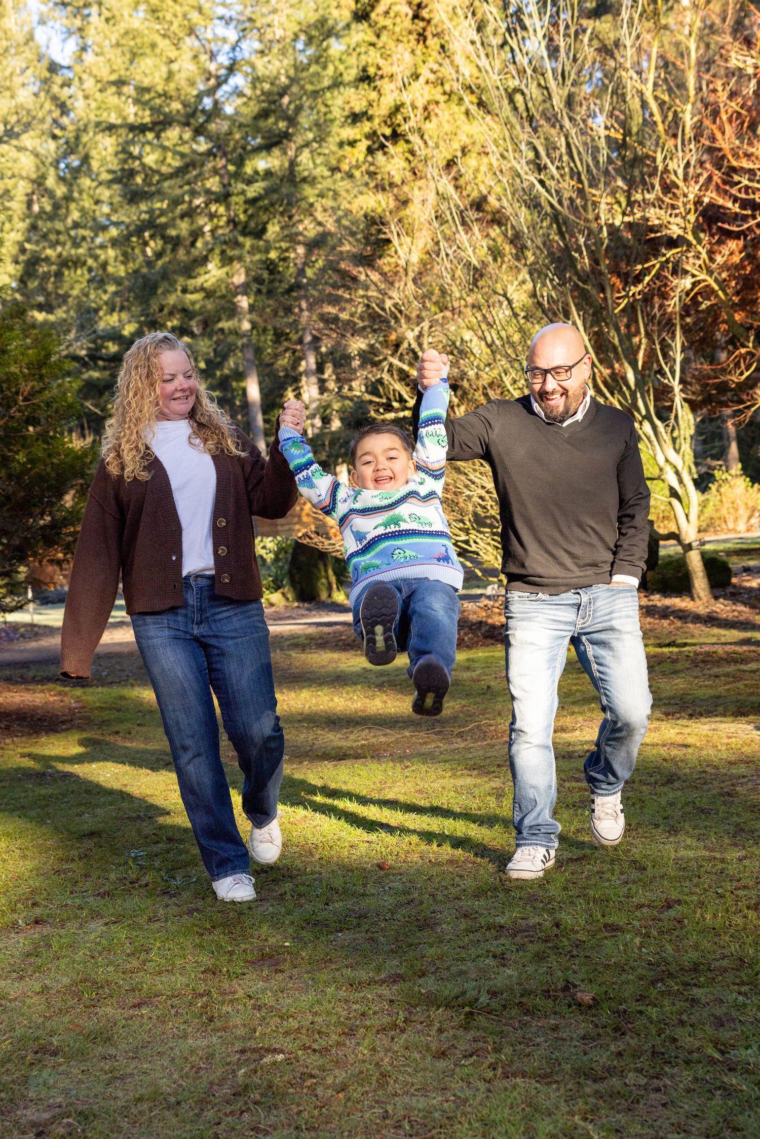Playful family photo sequence showing legs walking and jumping in a park setting.