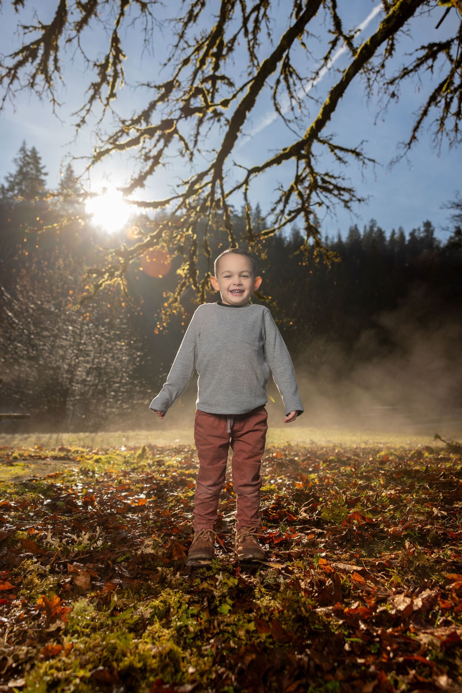 A child plays in fallen autumn leaves on a misty morning with sunlight streaming through tree branches.