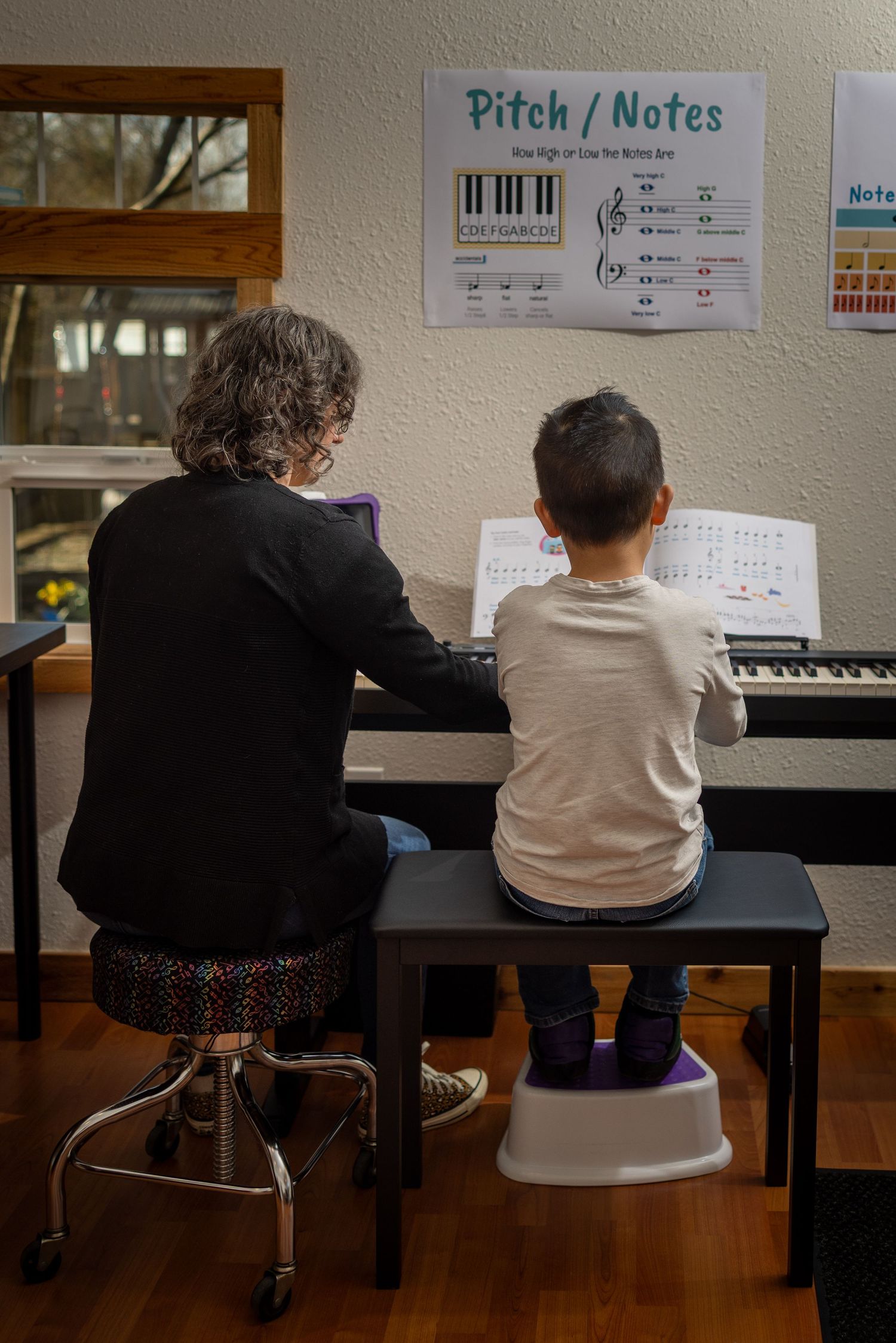 Students and teacher at piano lesson with music theory posters on wall.