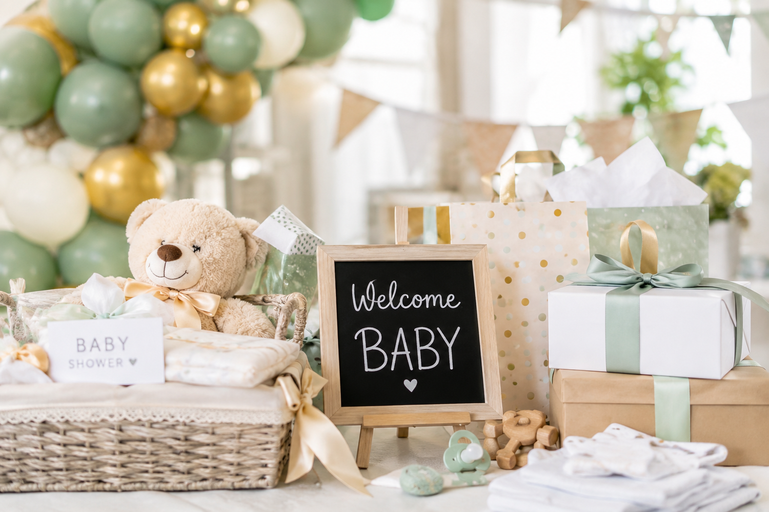 Baby shower table with teddy bear, gift boxes, balloons, and a chalkboard sign reading Welcome Baby.