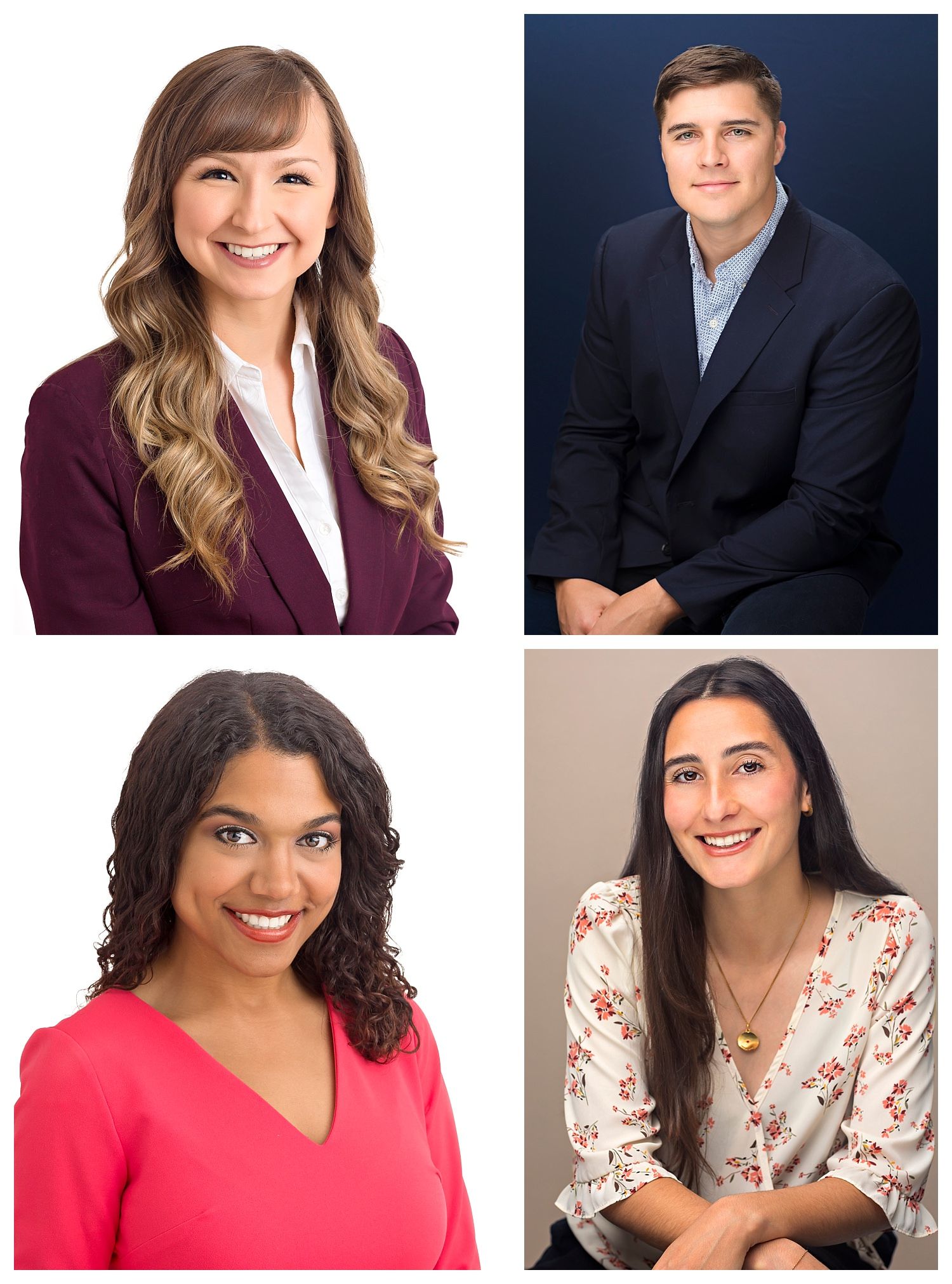 Collage of four professional headshots featuring two women and two men in business attire against neutral backgrounds.