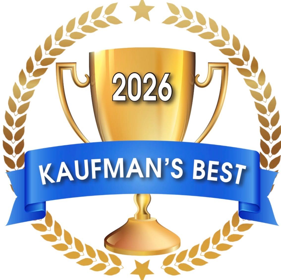 Gold trophy award badge with laurel wreath and blue ribbon reading Kaufman's Best 2026.