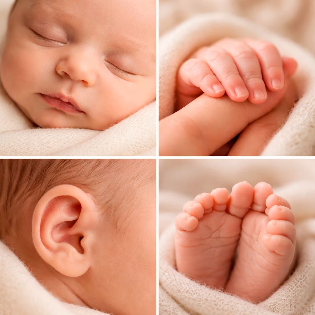 Collage of newborn baby details showing peaceful sleeping face, tiny curled fingers, delicate ear, and small pink toes.