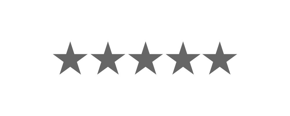 Five gray star icons in a row representing a five-star rating on a white background.