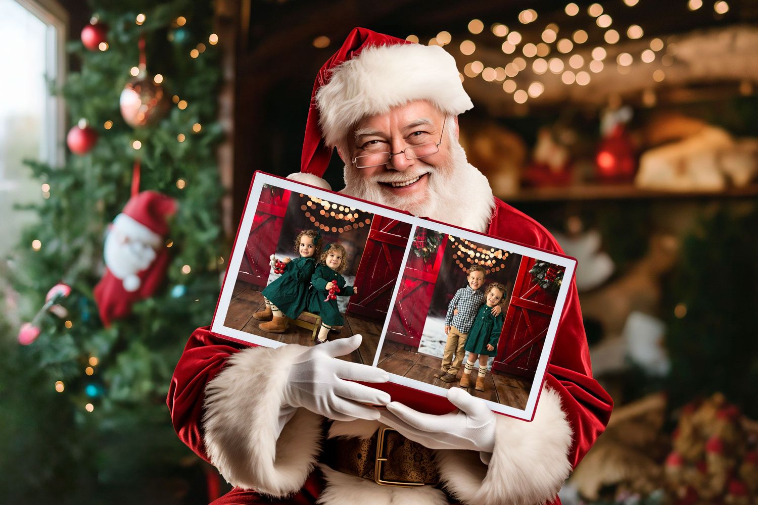 Santa Claus smiling and holding a Christmas photo book near a decorated holiday tree with festive lights.