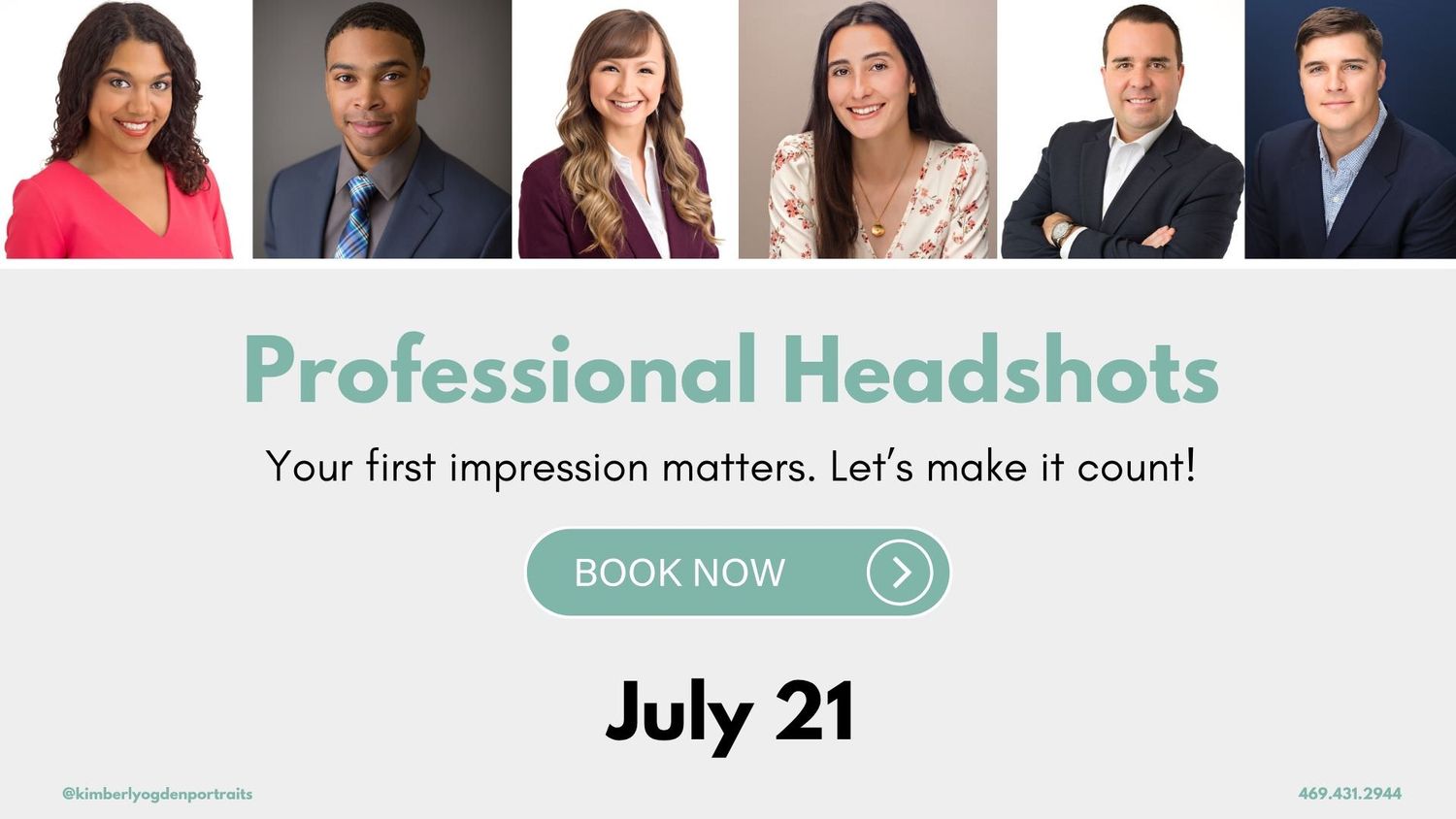 Professional headshots event banner featuring six diverse business professionals, scheduled for July 21, with a Book Now button.