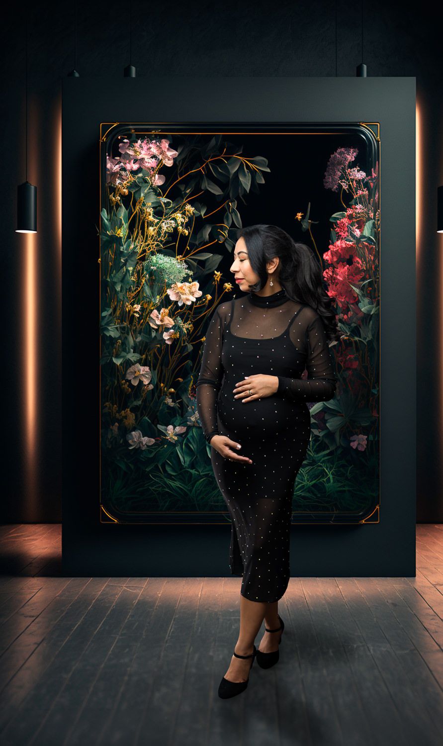 Elegant pregnant woman in black mesh dress standing before a dramatic floral painting in dark room.