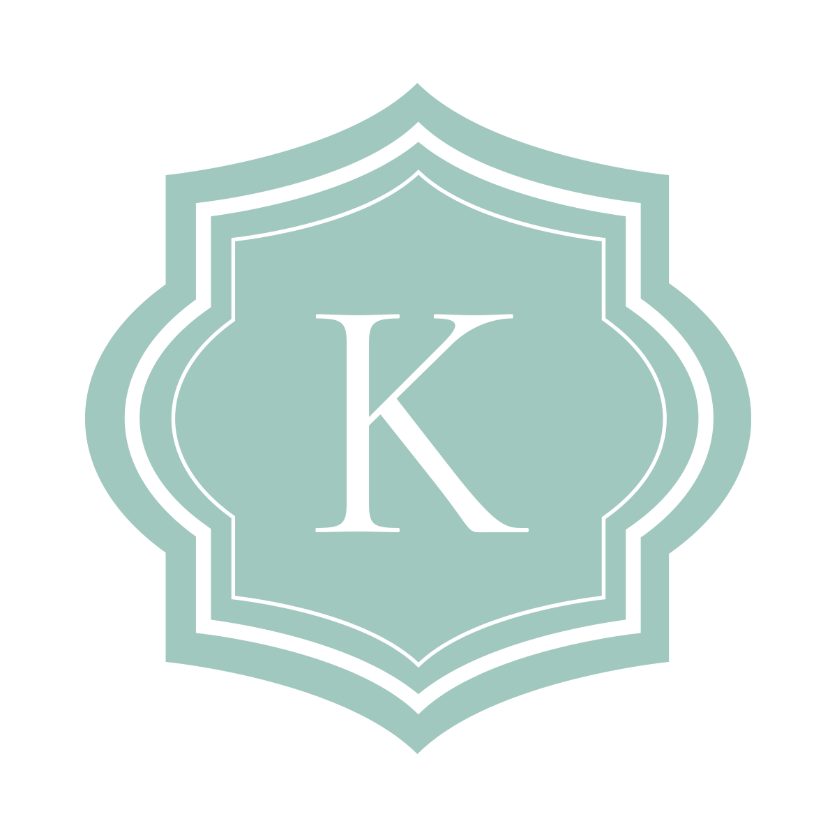 Mint green monogram logo badge with letter K in elegant serif font.
