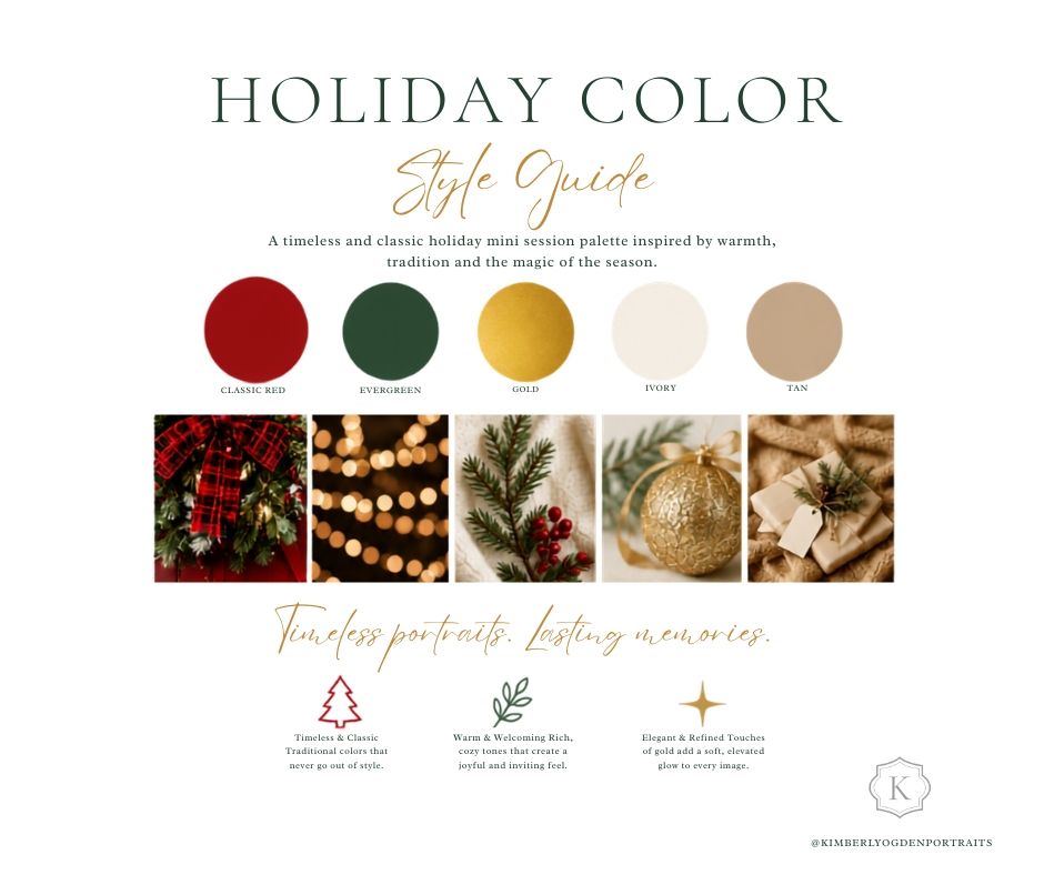 A holiday color style guide featuring a classic red, green, and gold palette for timeless portrait sessions.