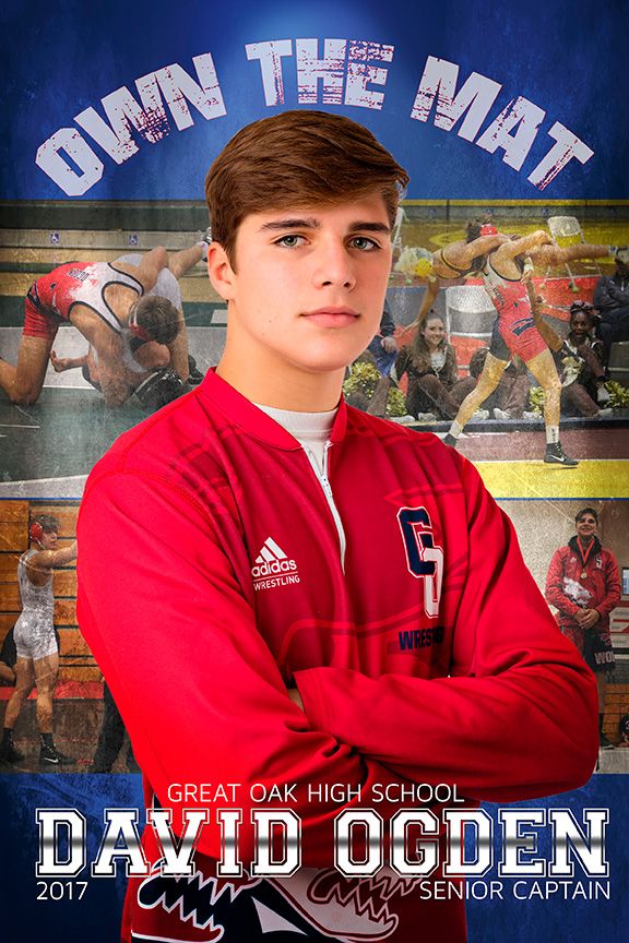 David Ogden, Great Oak High School 2017 Senior Captain wrestler, poses confidently in a red Adidas jacket with action shots behind him.