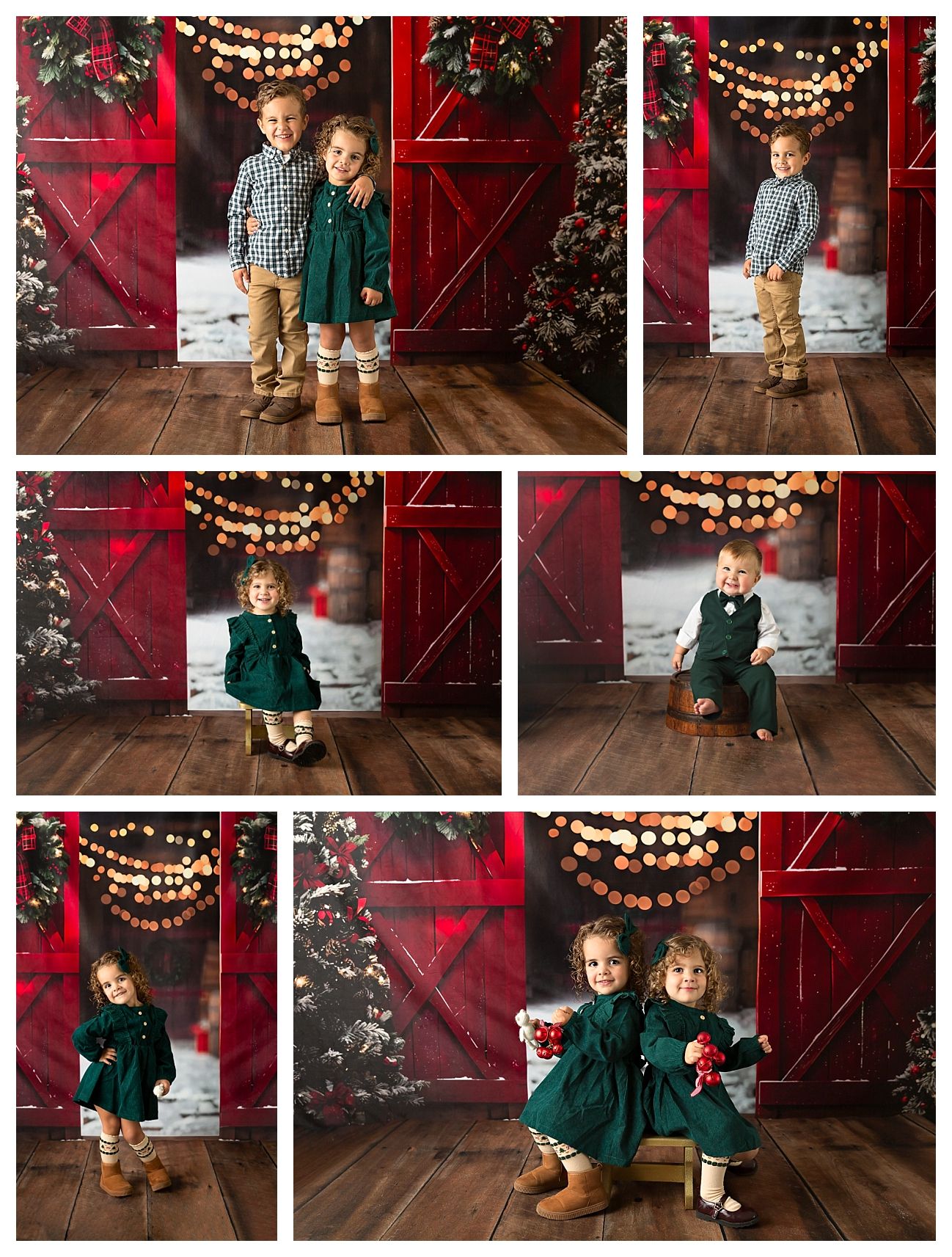 Festive Christmas mini session collage of two young children posing in green and plaid outfits before a red barn backdrop.