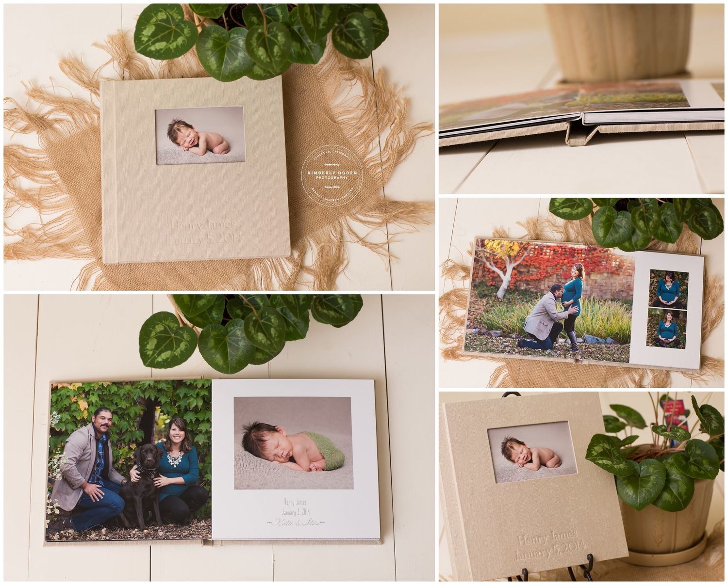 Collage of premium linen photo albums with newborn and family portraits displayed on a white surface.