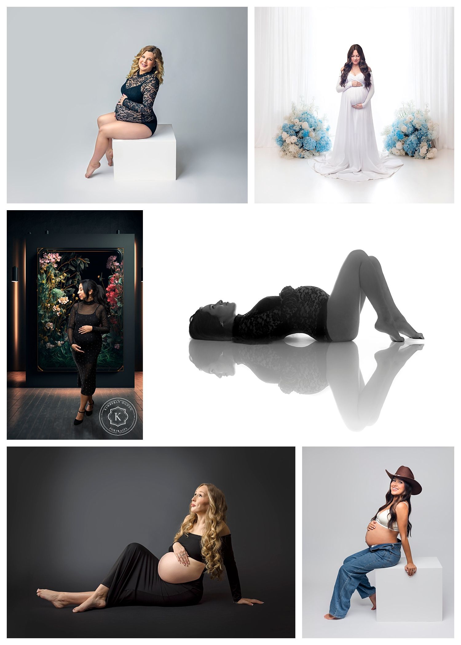Collage of elegant maternity photography portraits featuring pregnant women in various stylish poses and outfits.