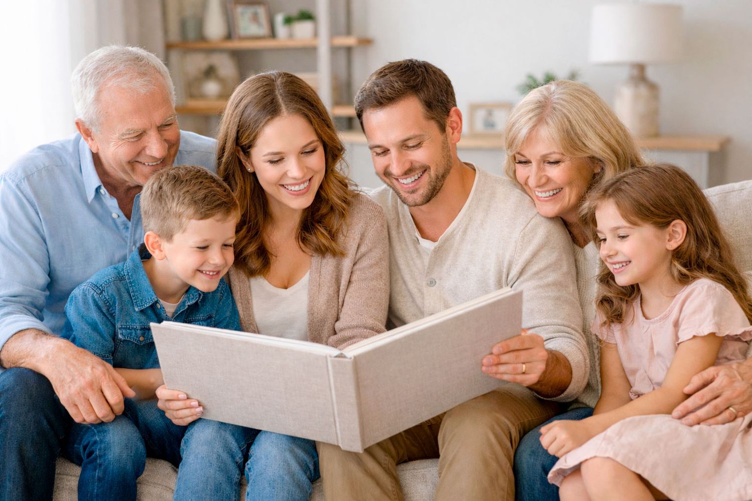 Multi-generational family smiling together while looking at photo album on sofa.