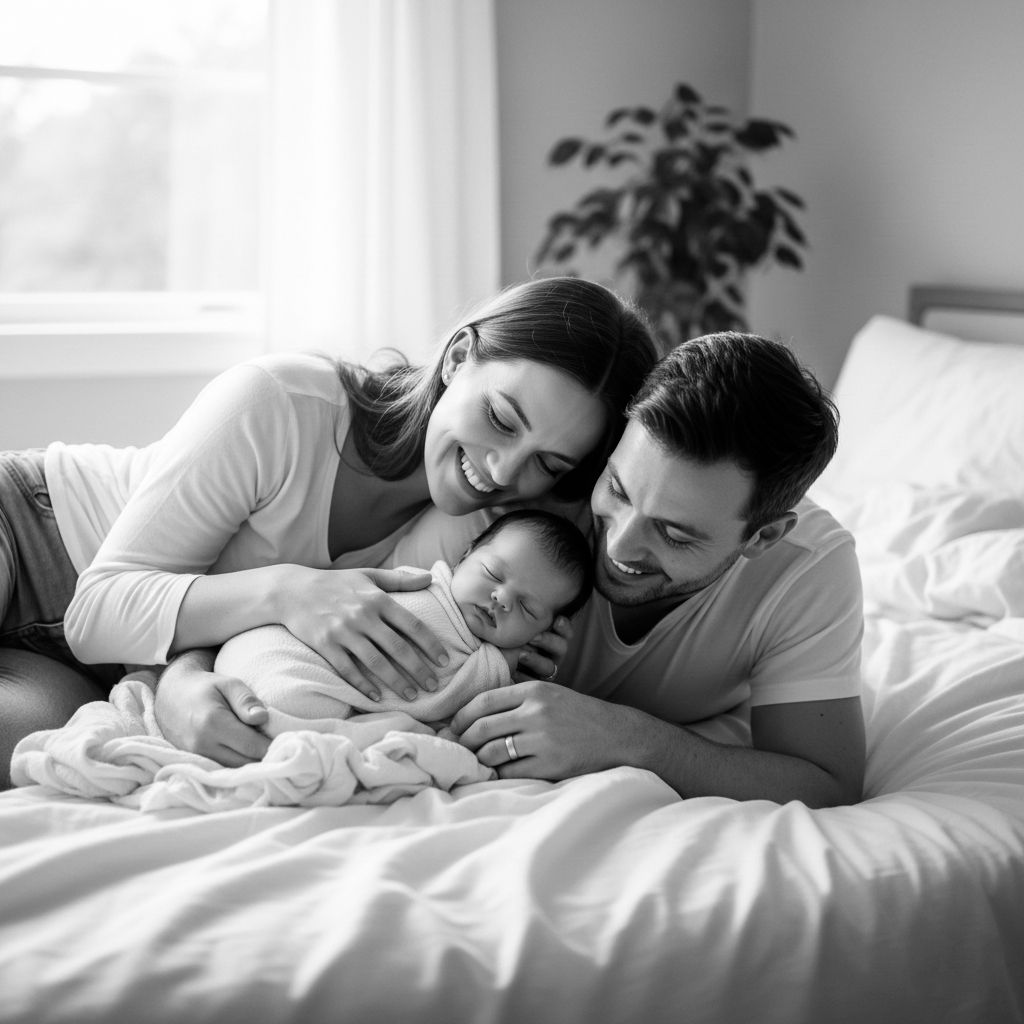 Black and white photo of loving parents cuddling their newborn baby on a cozy white bed.