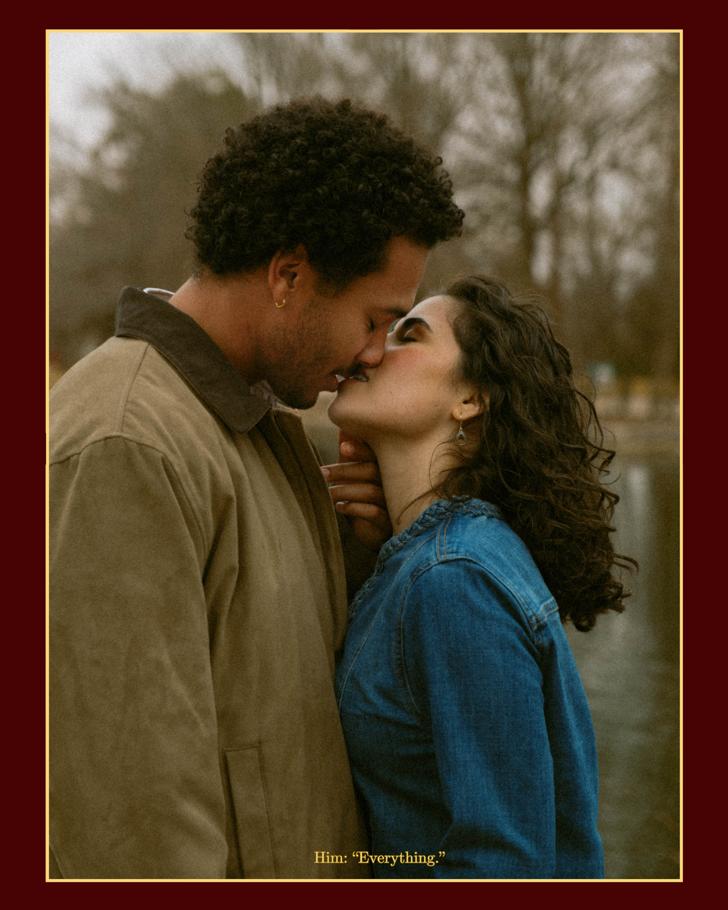 A romantic couple in casual attire shares tender moments in a series of sepia-toned photographs.