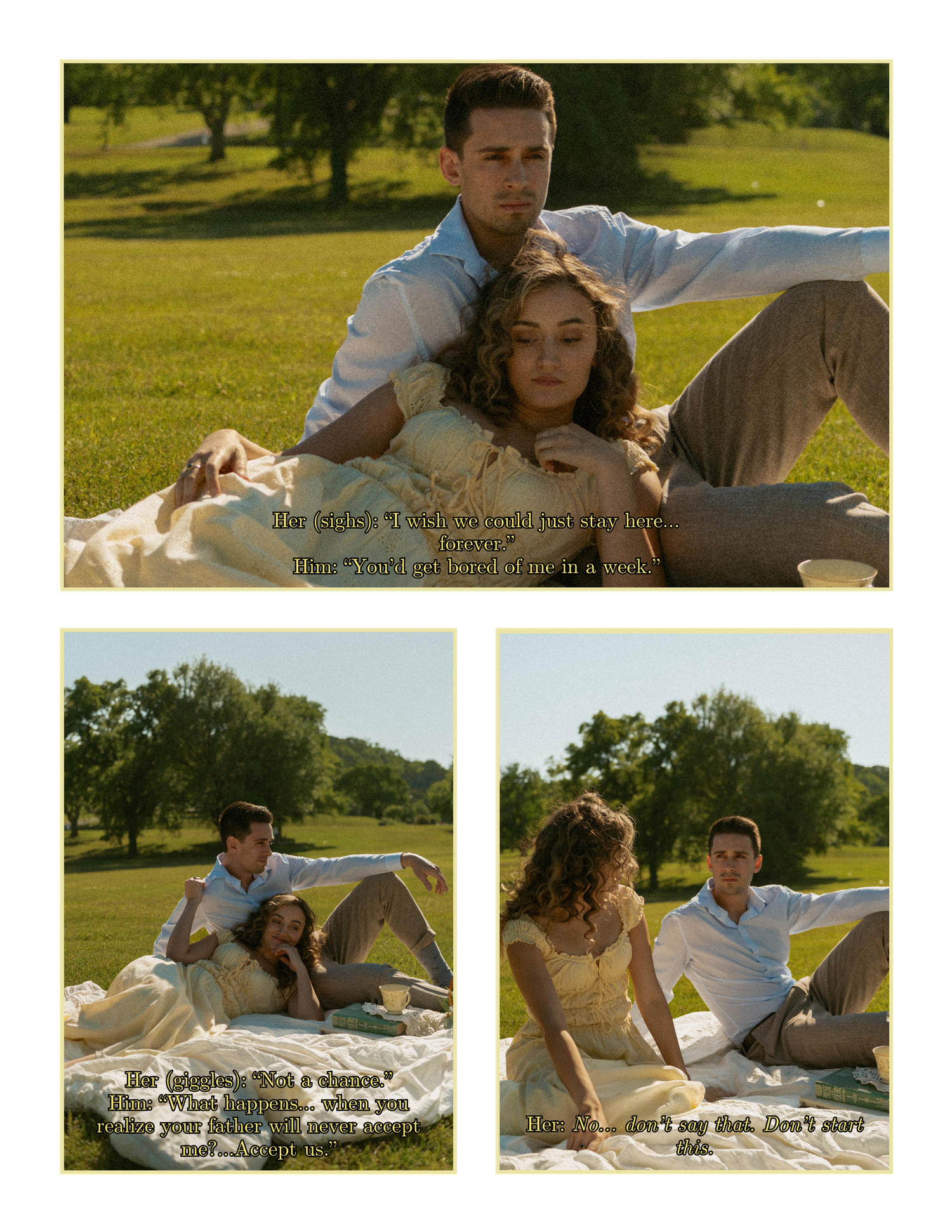 A romantic couple poses outdoors on a sunny day, with a man and woman sitting together on a green lawn.