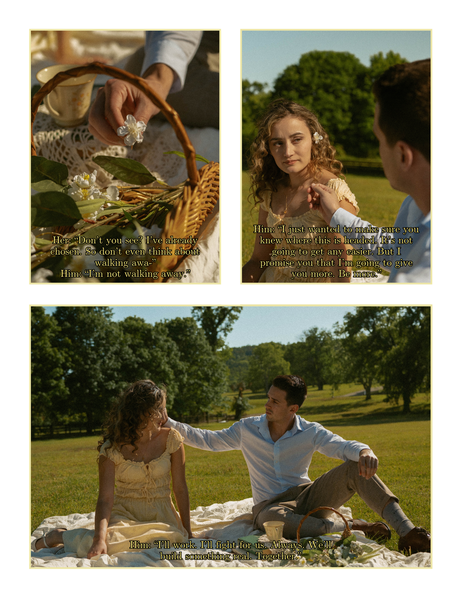 A romantic outdoor picnic scene with a couple in a sunny green field, the woman in a yellow dress sitting on a blanket.