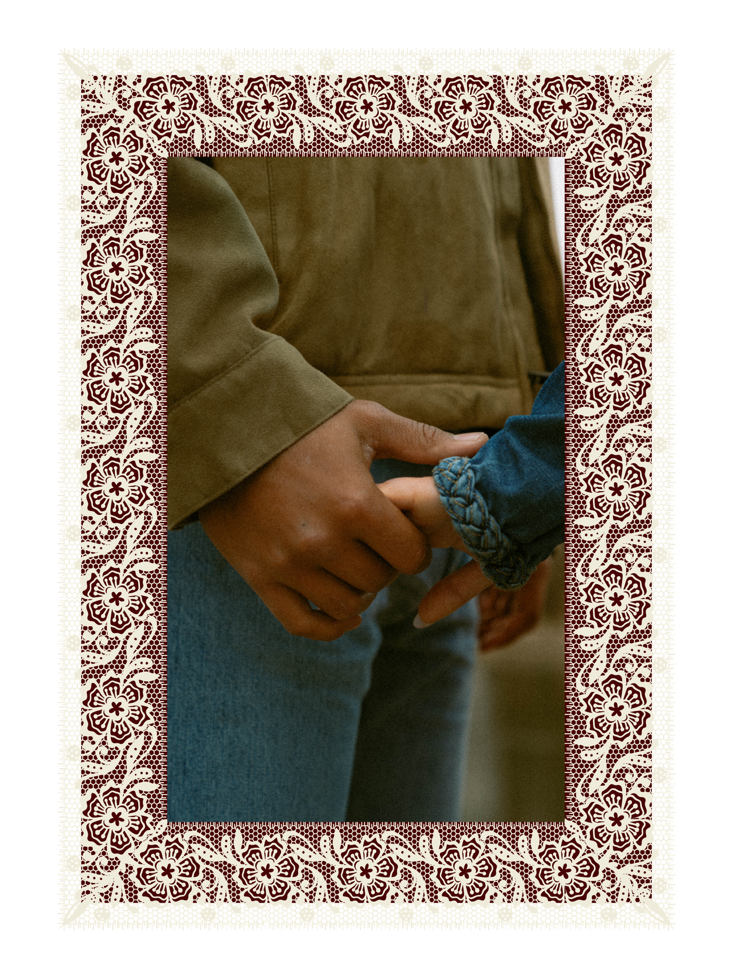 Close-up photo of hands wearing olive green and denim clothing against a decorative red and white paisley border.