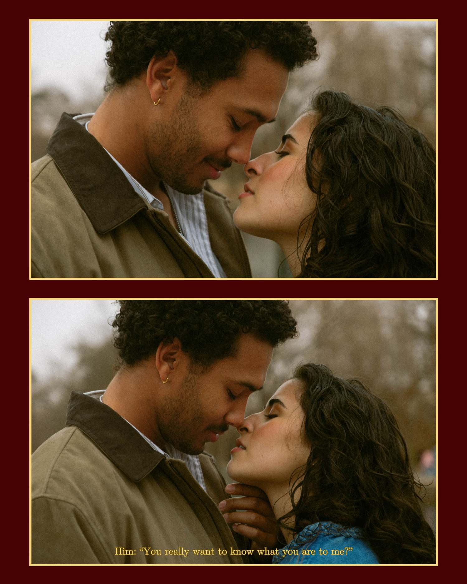 A romantic couple sharing tender moments in a series of sepia-toned photographs.