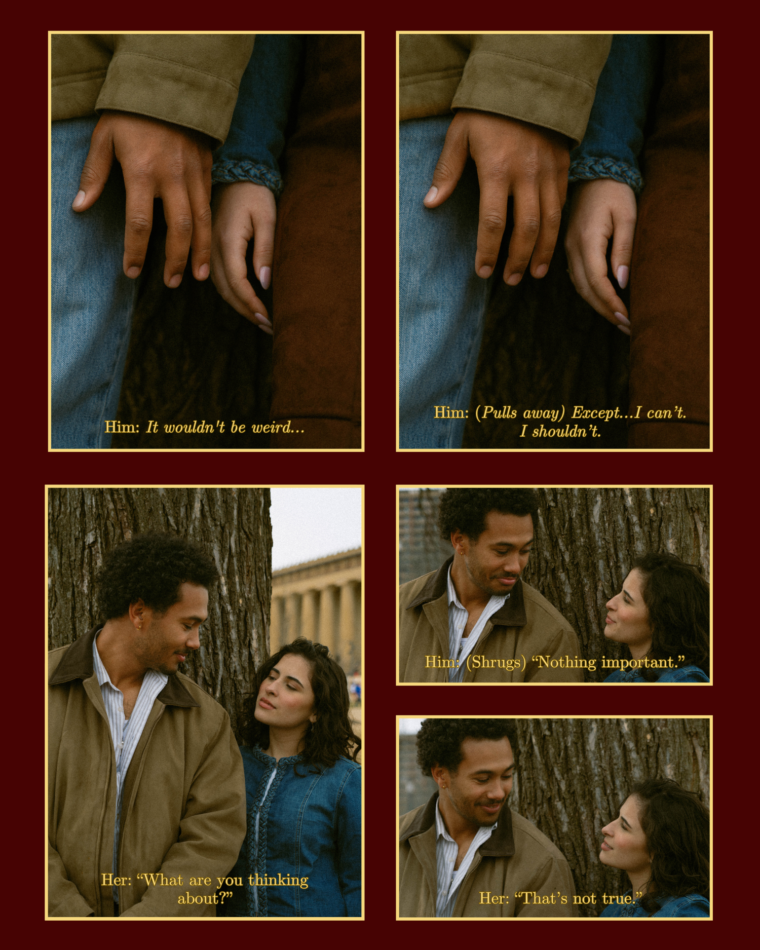 A series of film stills showing two people in conversation against a tree trunk background.