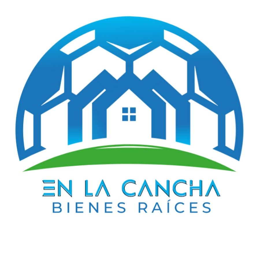 Blue and green real estate logo design featuring house silhouettes in a semi-circular arrangement.