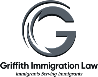 Minimalist gray logo design for Griffith Immigration Law with curved G symbol.