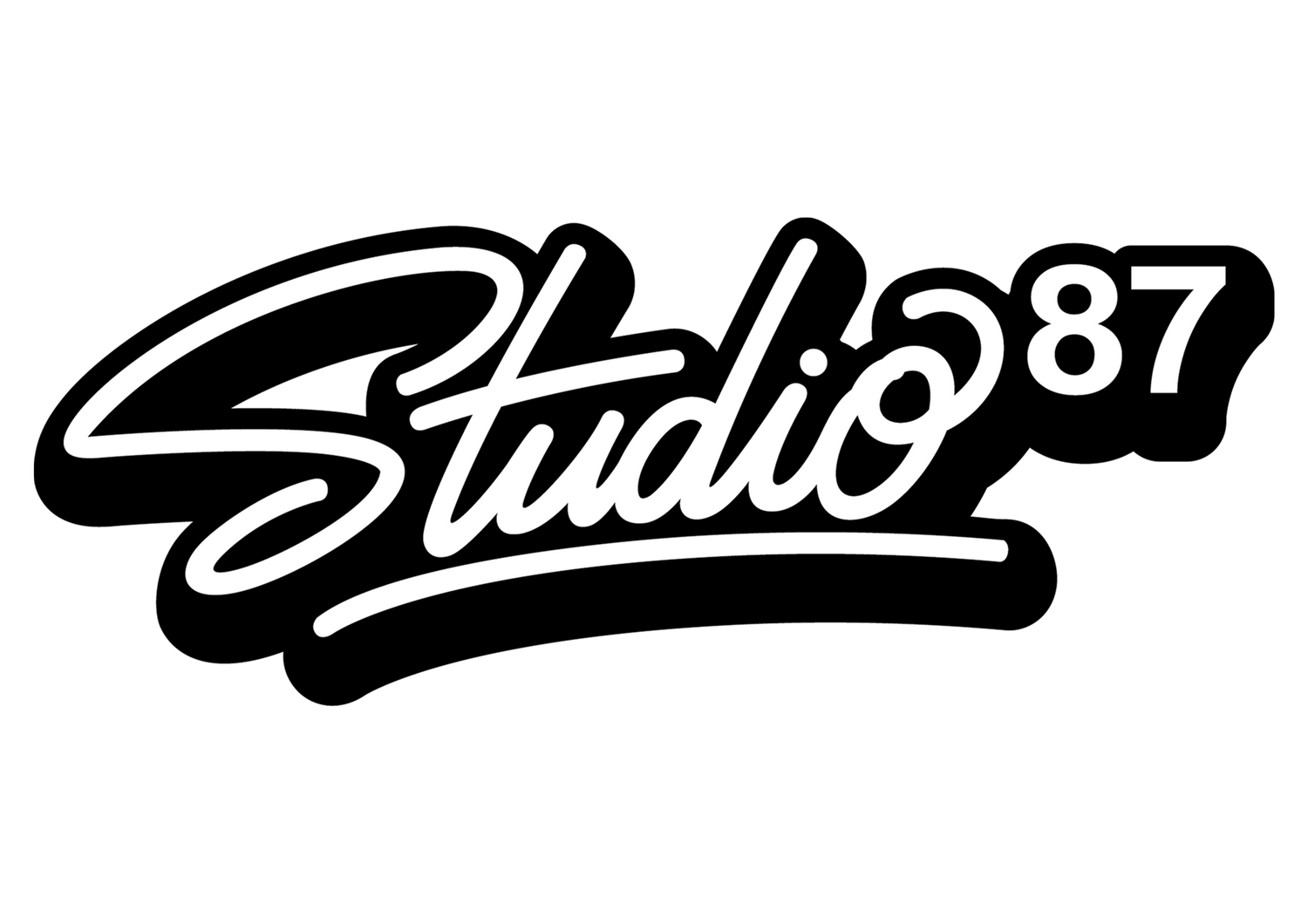 White 'Studio 87' text logo design on black background with stylized cursive lettering.