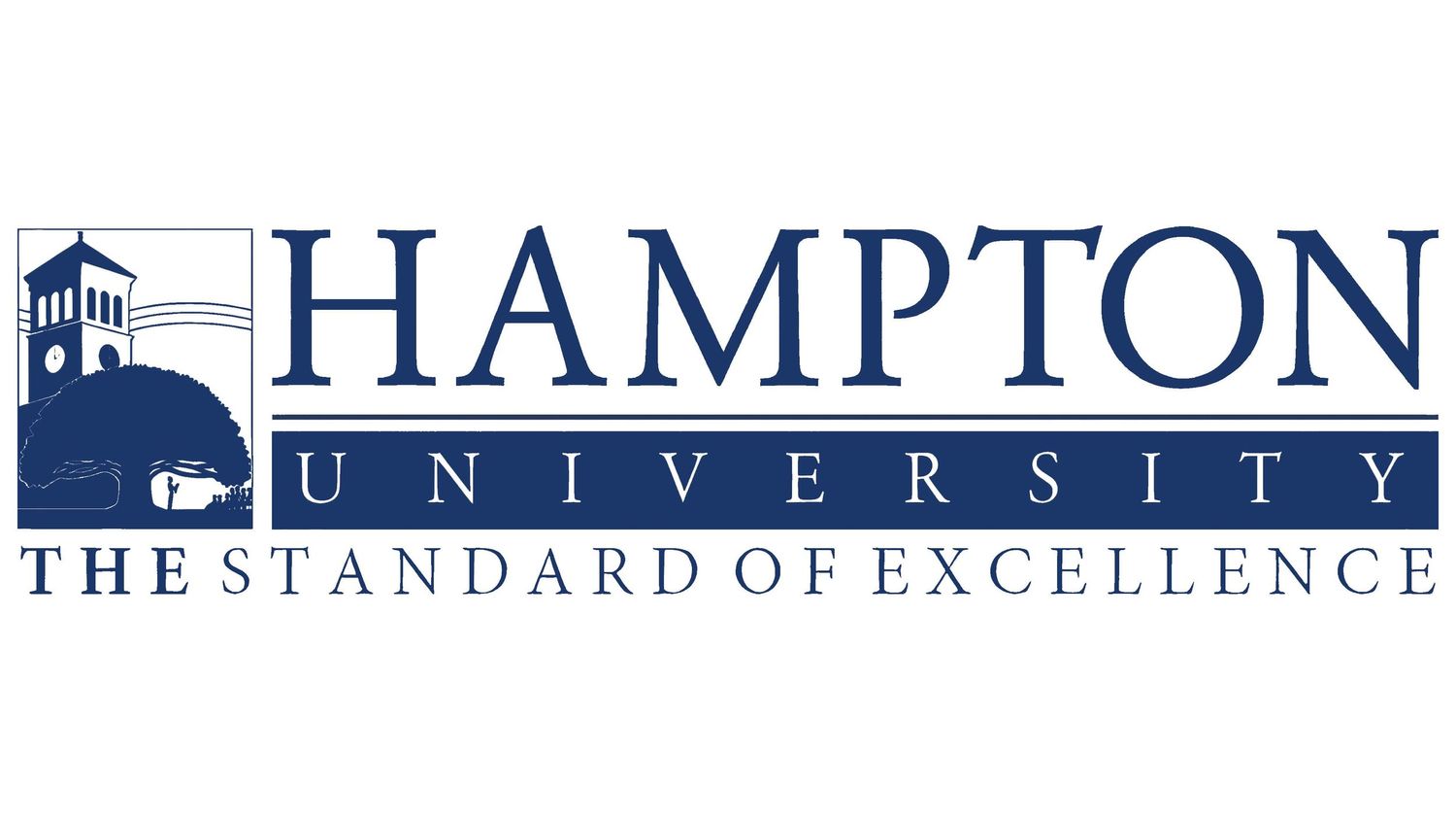 Hampton University logo featuring blue lighthouse and excellence tagline.