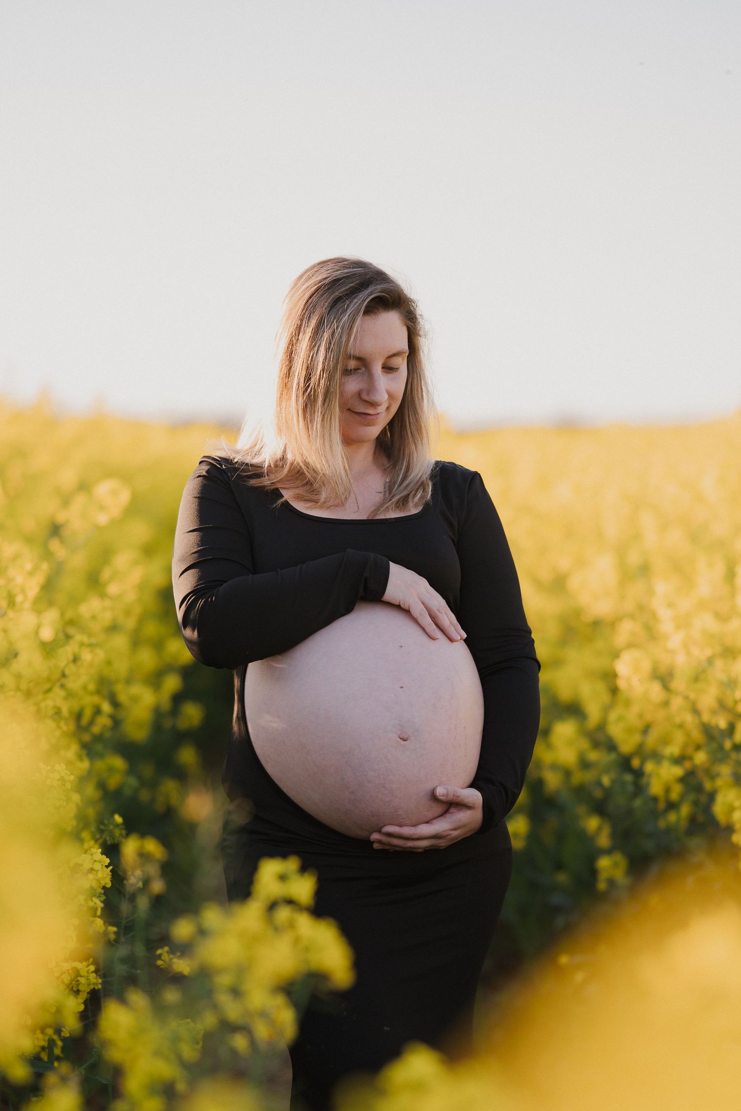 Pregnant woman in black dress cradling her bare baby bump in a vibrant yellow rapeseed field.