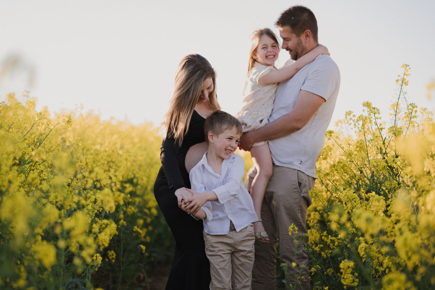 Family of four posing in a vibrant yellow canola field during golden hour, with mother, father, and two young children.