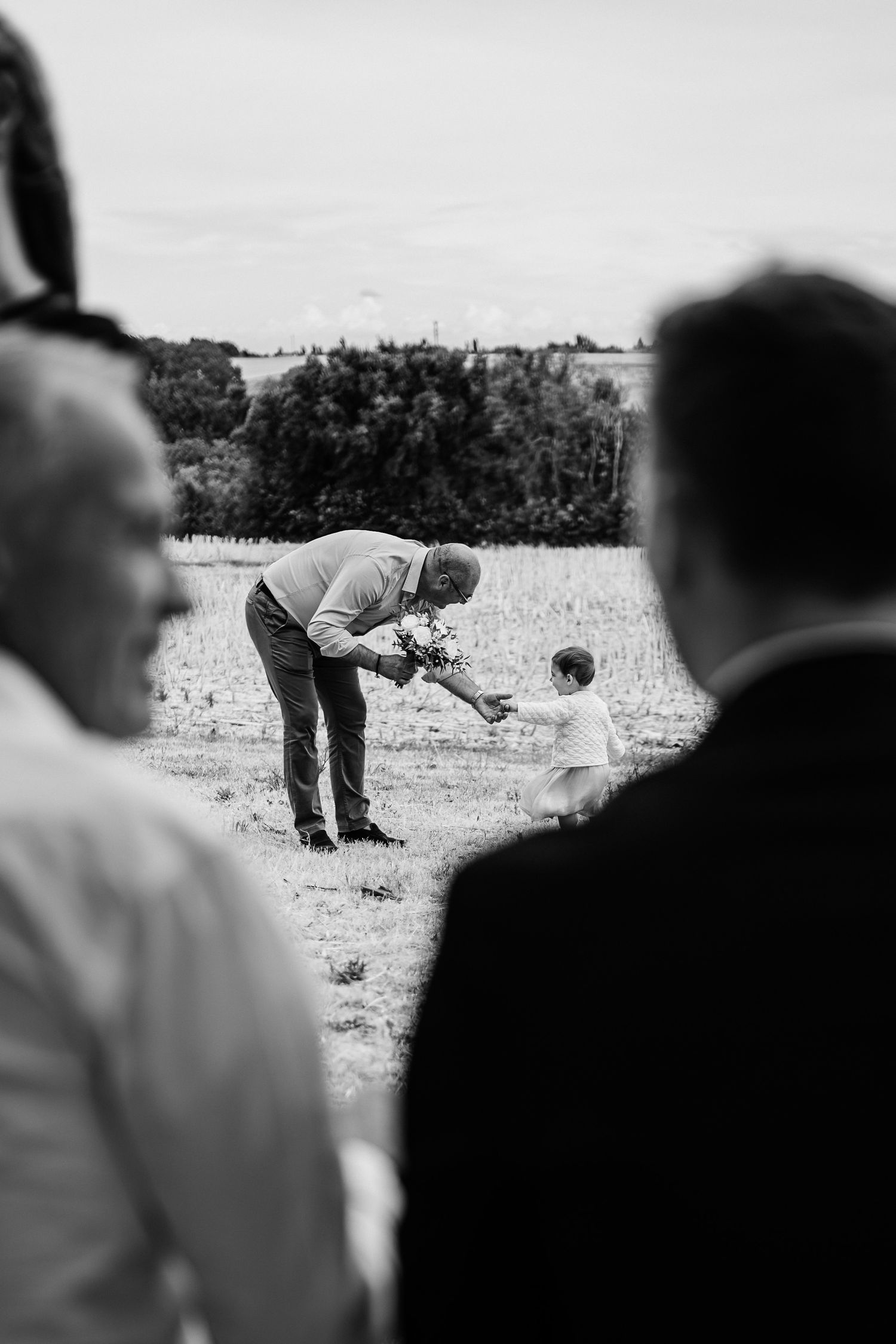 A black and white photo of people gathered outdoors on a sunny day watching someone interact with a dog.