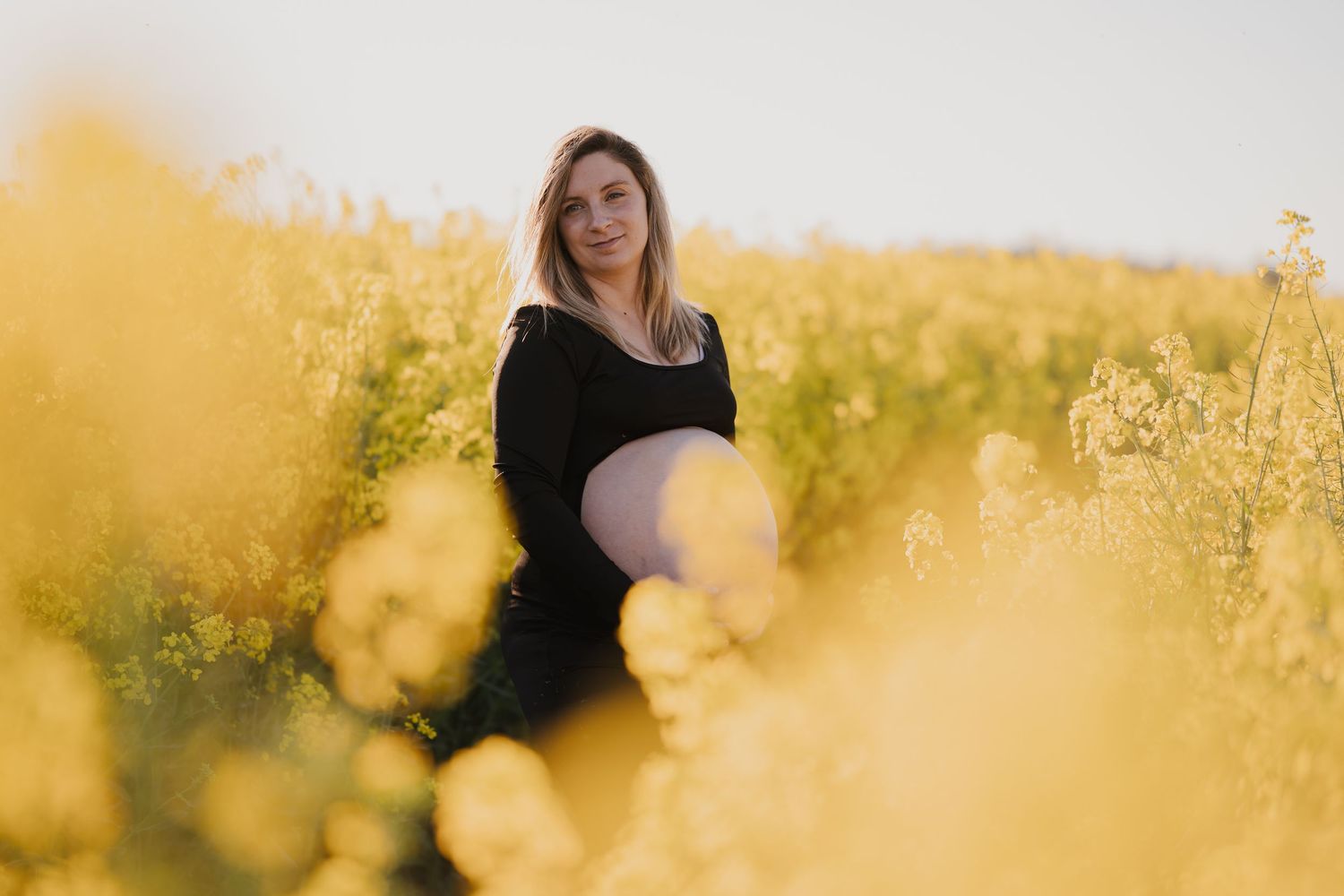 Pregnant woman in black dress sitting in a vibrant yellow rapeseed flower field on a sunny day.