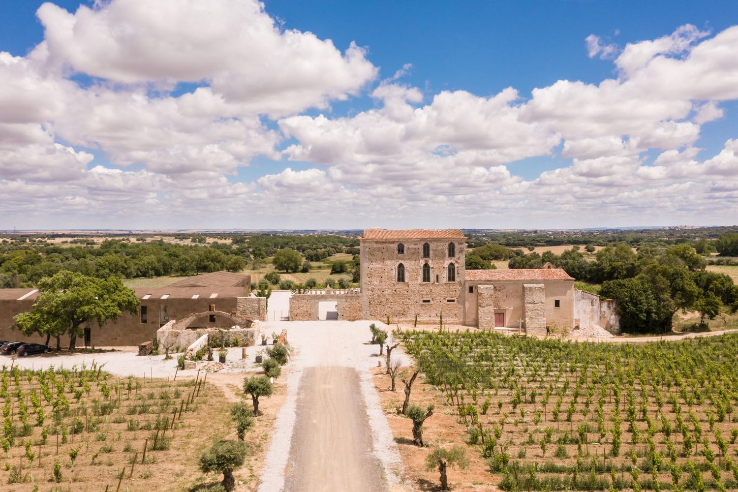 Aerial view of a rustic stone winery with vineyard rows and a tree-lined driveway under dramatic skies.