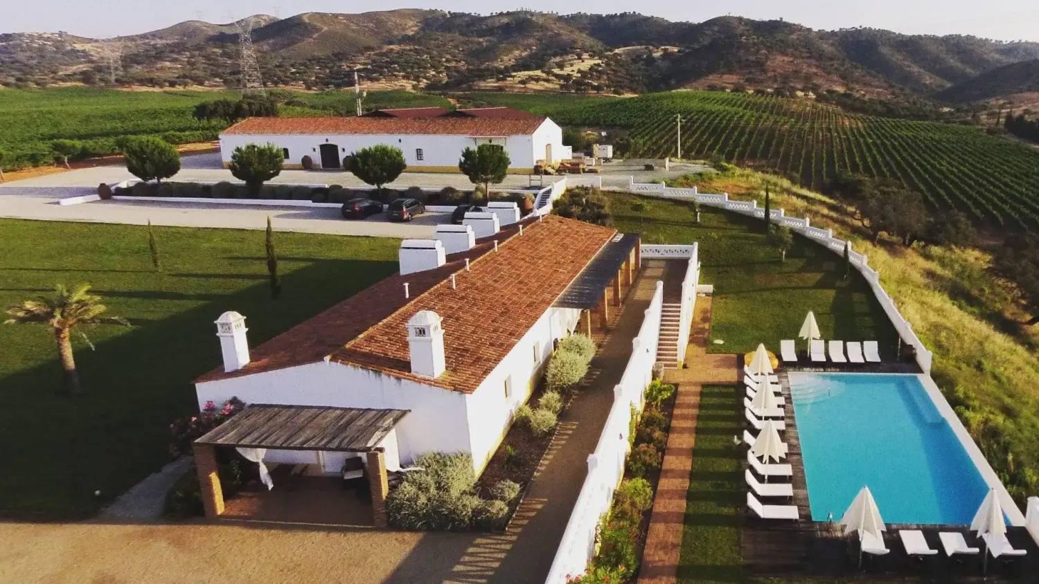 Aerial view of a white vineyard estate with a swimming pool surrounded by lush green fields.