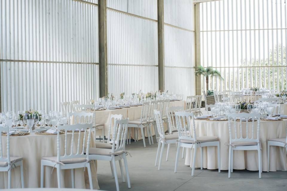 Elegant wedding reception setup in a modern barn with white chairs, round tables, and soft natural lighting.