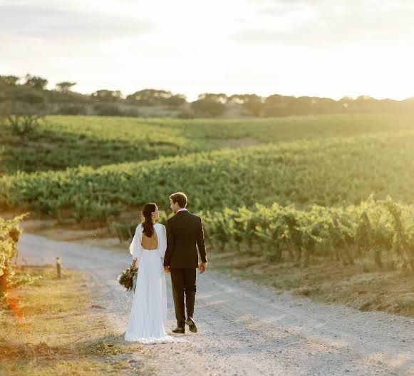 Bride and groom walk hand in hand along a sunlit vineyard path at golden hour.