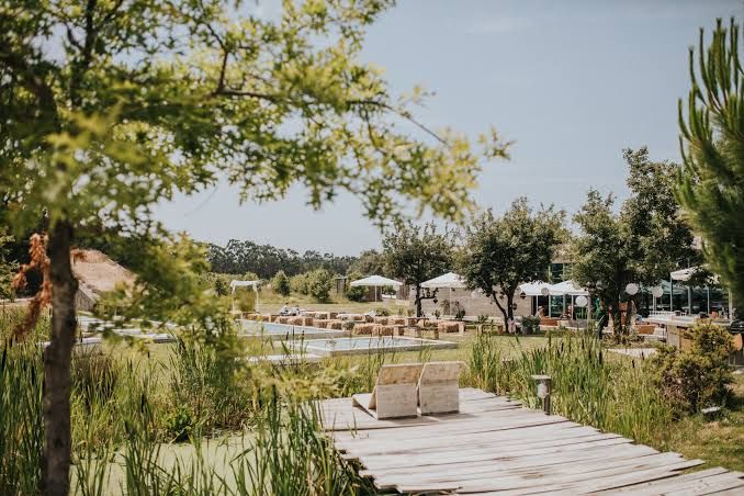 Scenic wooden dock overlooking a lush green resort pool area with outdoor seating and umbrellas on a sunny day.
